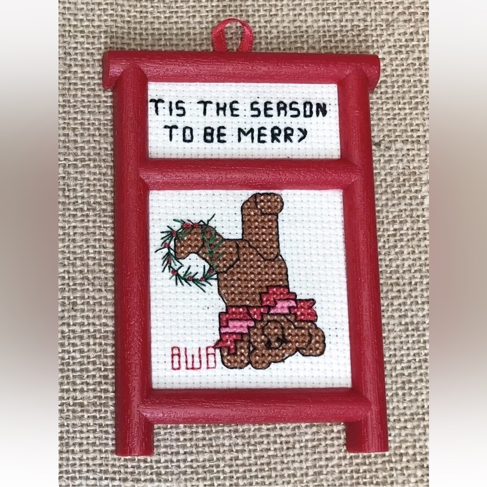Vintage Framed Cross Stitch Teddy Bear Ornament Christmas Kitsch Whimsical Fun